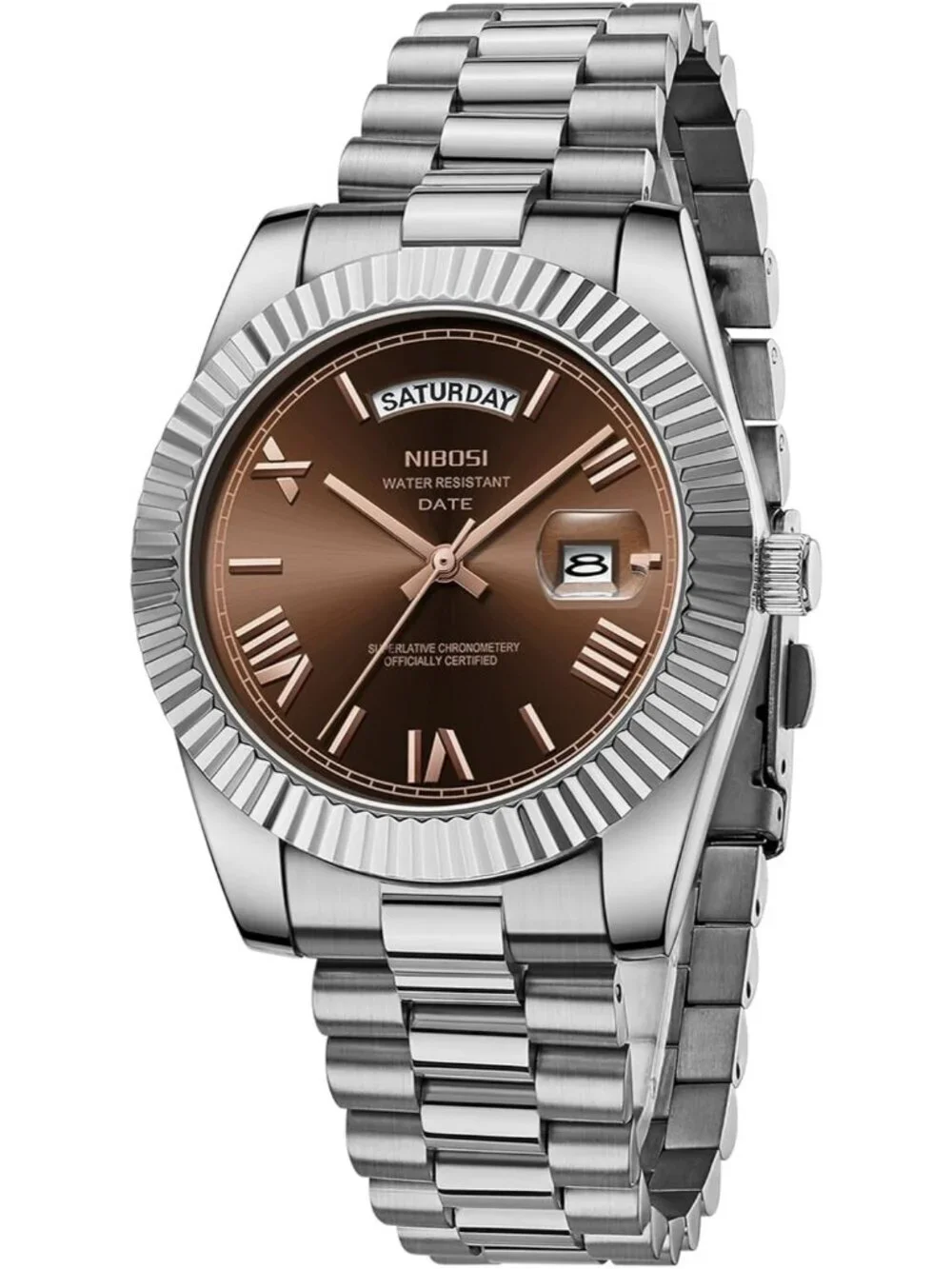 Nibosi Men's Silver Brown Analog Quartz Stainless Waterproof Desiger Wrist Watch